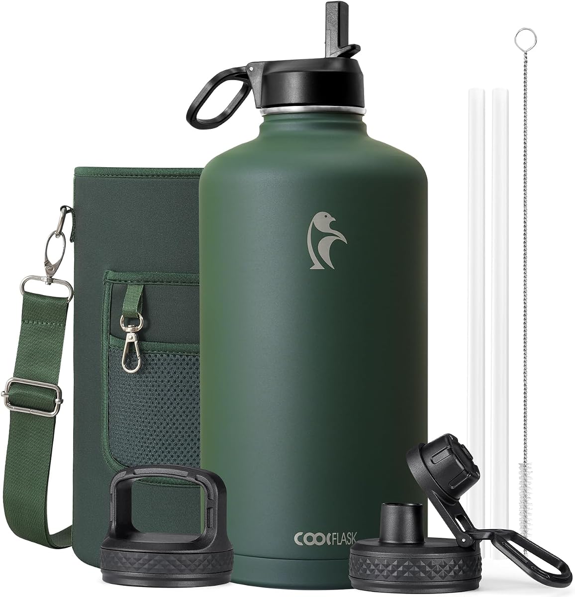 Coolflask - Botella de agua de 1 galón aislada con popote y 3 tapas, de acero inoxidable con boca ancha, al vacío, libre de bisfenol A (BPA), mantiene bebidas frías 48 h, calientes