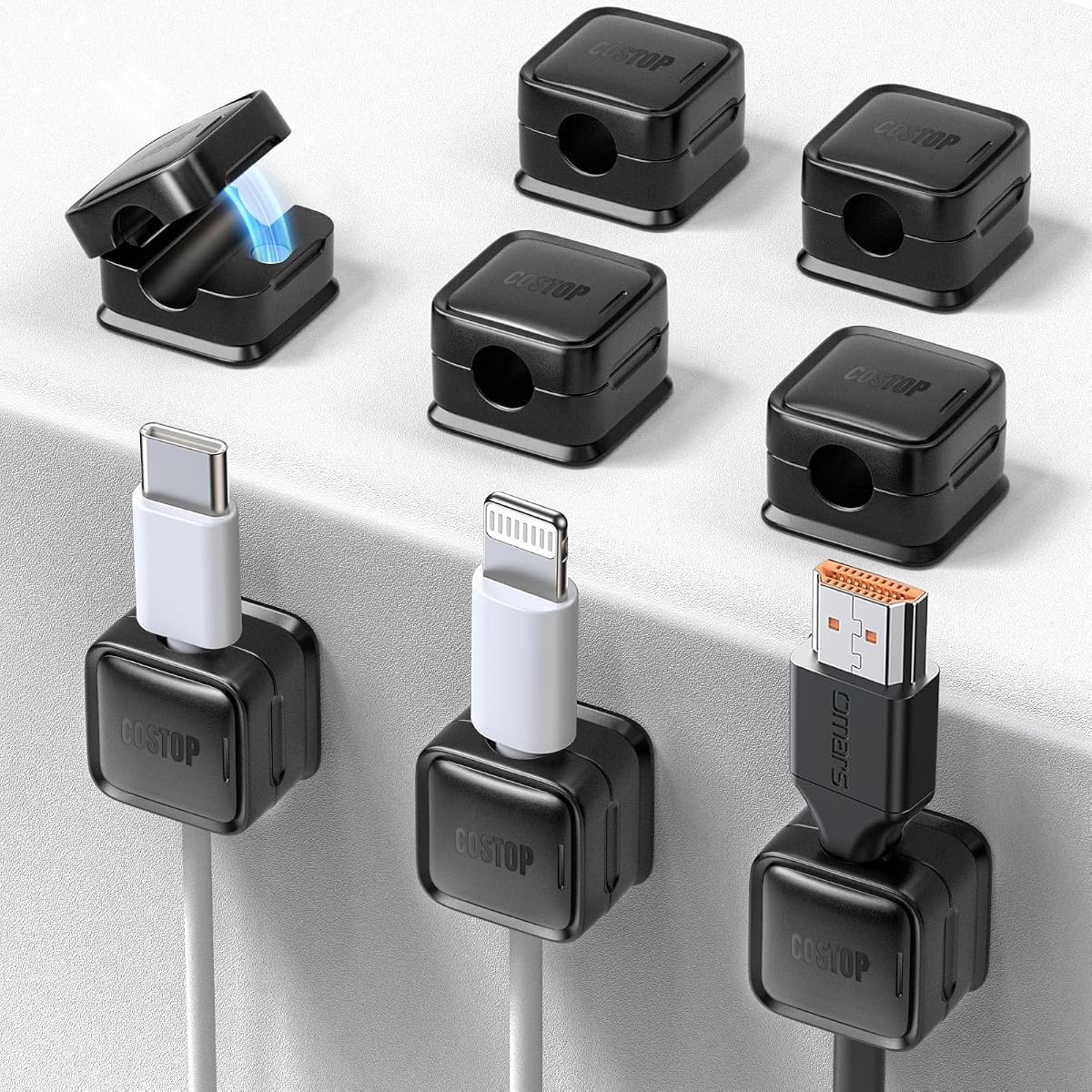 Paquete de 8 Organizadores de Cables con Soporte, Costop Fuerte Adhesivo Magnético para Gestión de Cables de Escritorio, Fácil de Abrir, Organiza los Cables de Carga del Teléfono y