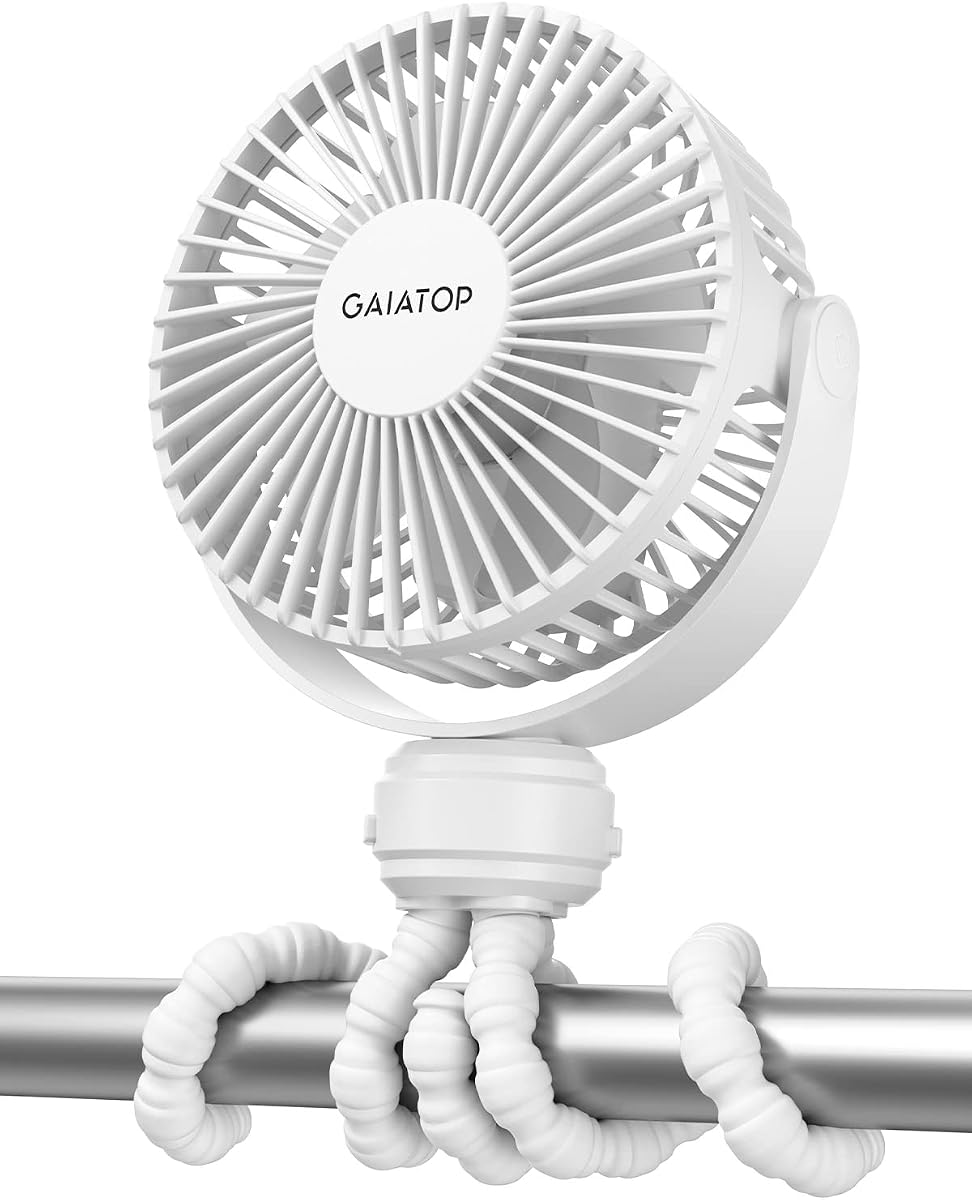 Gaiatop - Mini ventilador portátil para cochecito, ventilador pequeño con clip, color blanco - Battery Operated Detachable, 3 Speed Rechargeable, 360° Rotate Flexible Tripod, Cooli