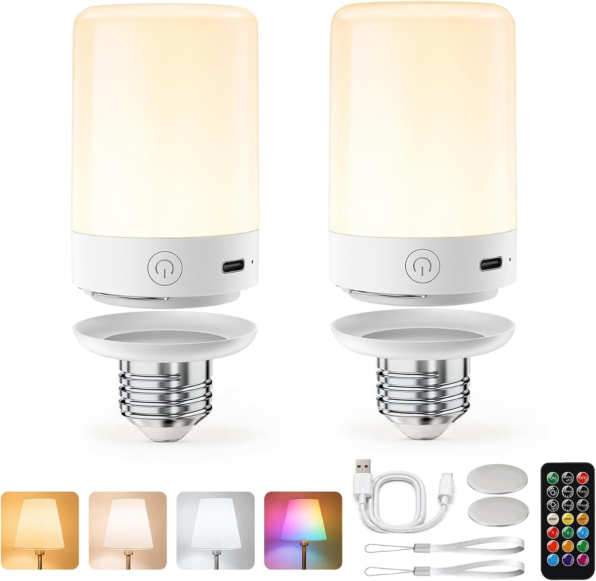 Brightown Bombillas recargables E26 de 5200 mAh, bombilla de batería para cortes de energía, temporizador remoto, bombillas inalámbricas magnéticas regulables, luz blanca de 3000K-