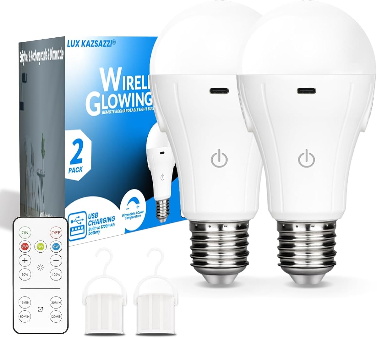 WirelessGlow - Bombillas recargables con control remoto, 3 temperaturas de color y bombillas regulables a pilas, control táctil + bombilla de batería recargable USB, A19.