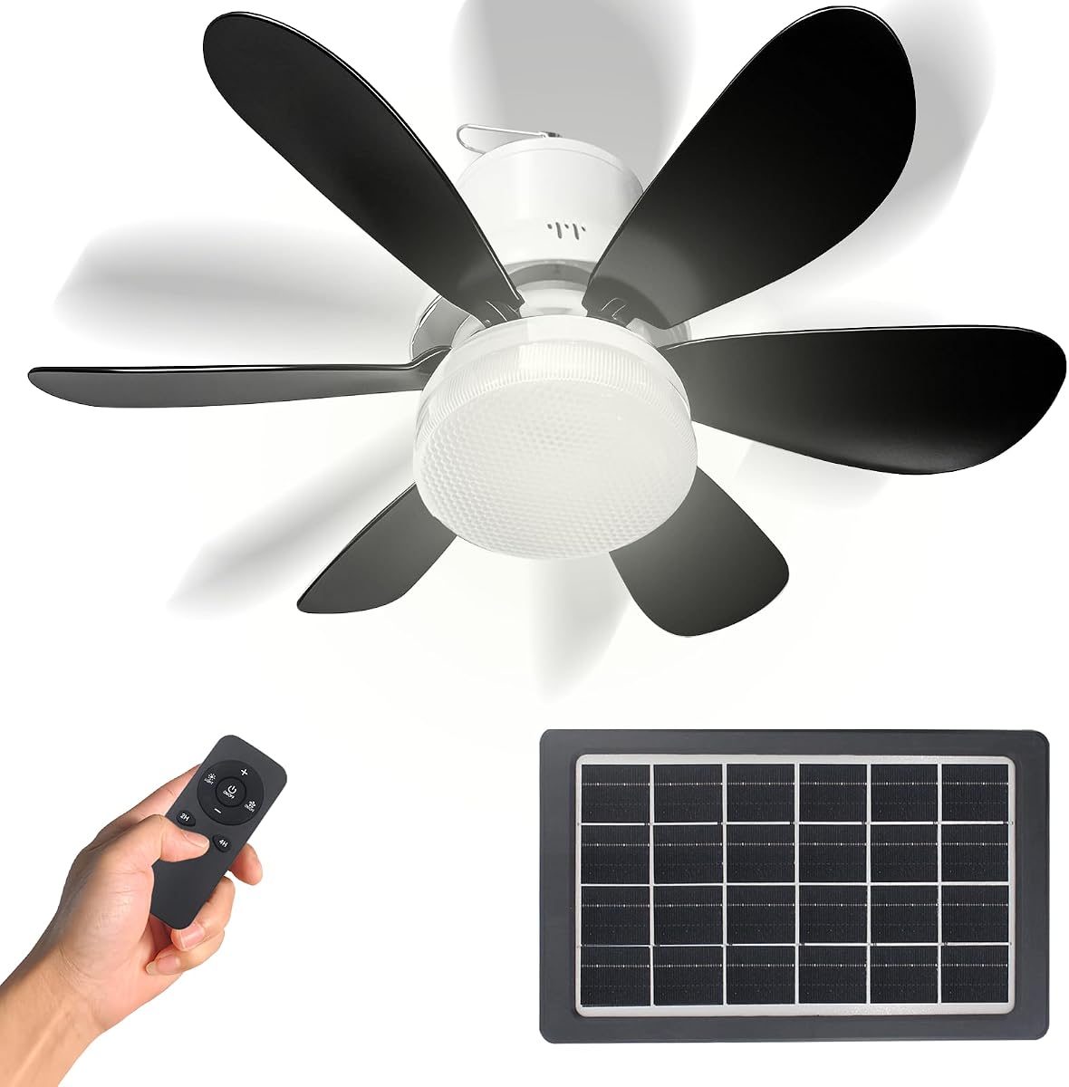 Ventilador de techo solar de 17.3 pulgadas, pequeño ventilador de techo recargable con energía solar, luz de 3 colores y control remoto, batería integrada de 10000 mAh para tienda