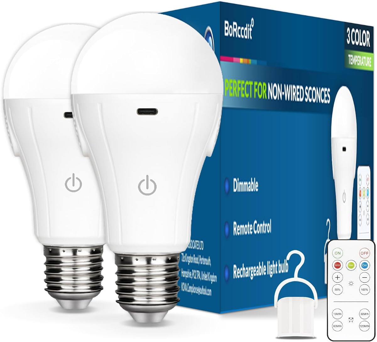 BoRccdit CordlessGlow Bombilla Operada por Batería con Control Remoto, 3 Colores + Regulable + Bombillas Recargables con Control Táctil para Fijaciones sin Cables, hasta 24 Horas,