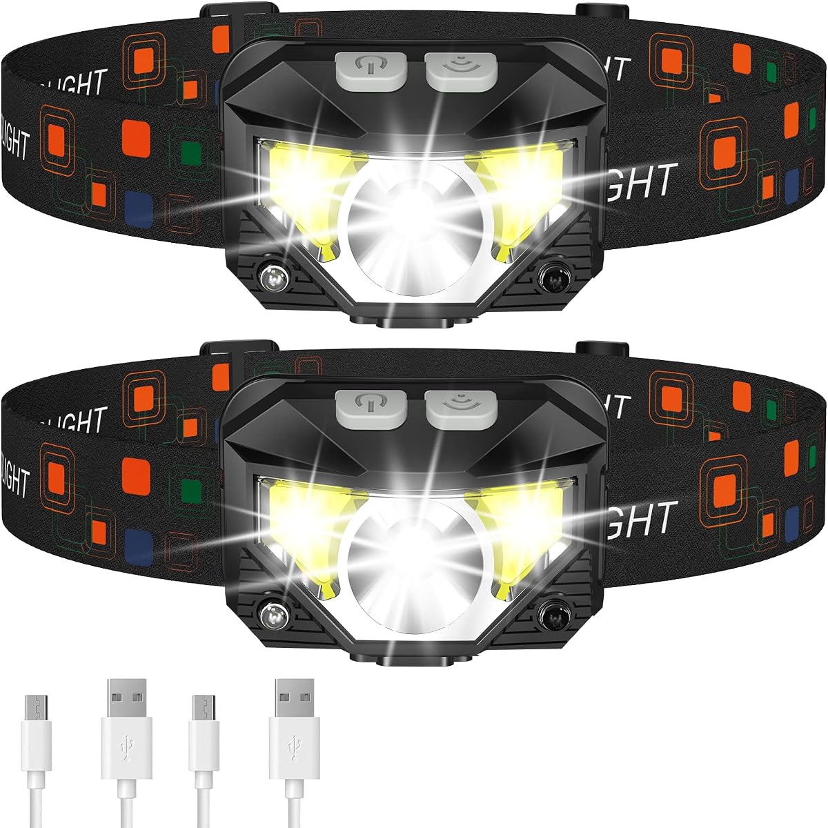 LHKNL Linterna de faro delantero, 1200 lúmenes, linterna LED brillante recargable con luz blanca y roja, paquete de 2 lámparas de cabeza impermeables con sensor de movimiento, 8 mo