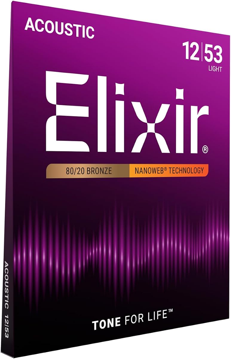 Elixir Strings - Cuerdas acústicas de bronce 80/20 con revestimiento NANOWEB - Cuerdas de guitarra ligeras (.012-.053)
