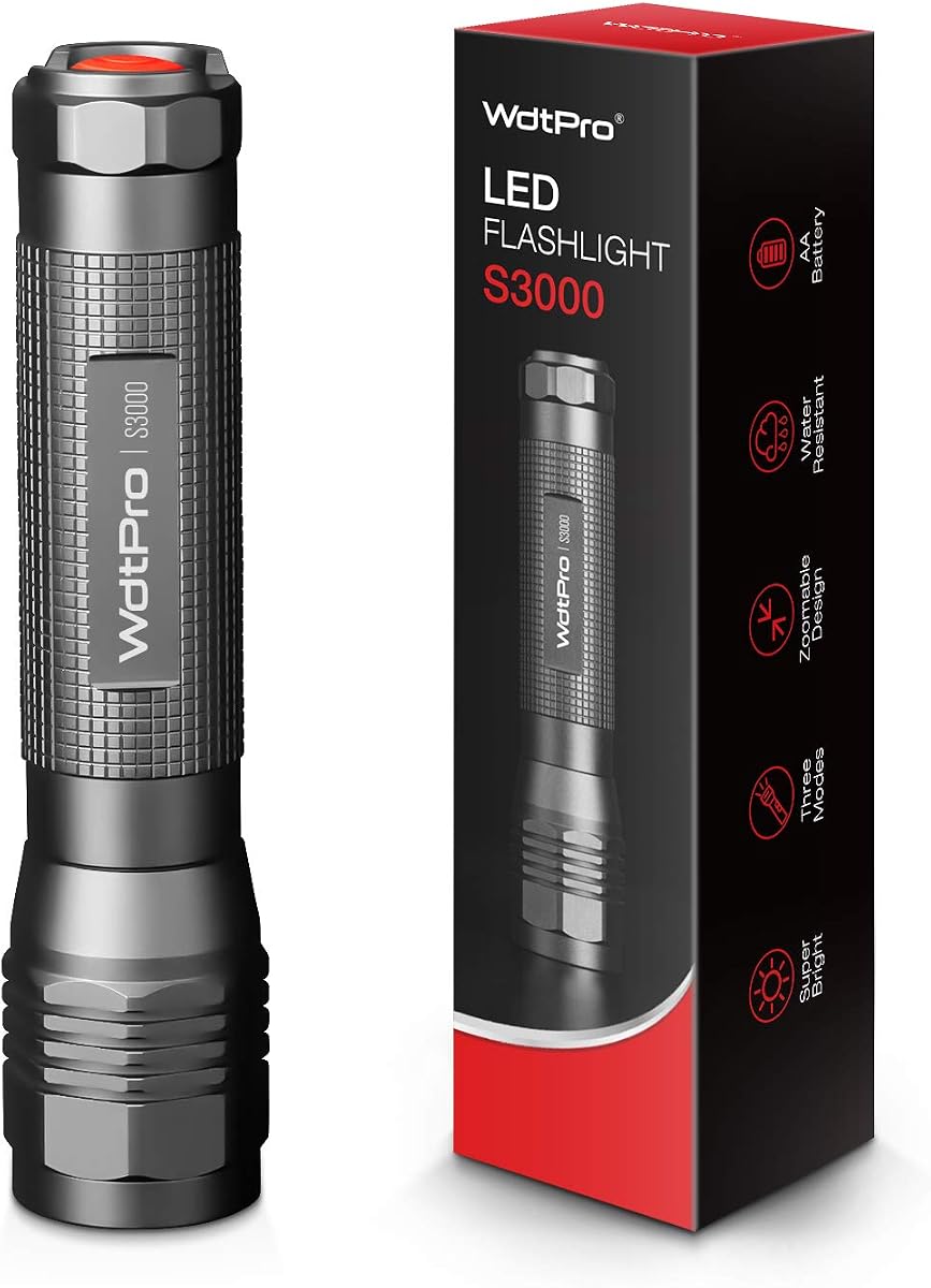 WdtPro - Linterna LED de alta potencia S3000, linternas súper brillantes - Alto número de lúmenes, resistente al agua IP67, 3 modos y con zoom para acampar, emergencias, senderismo