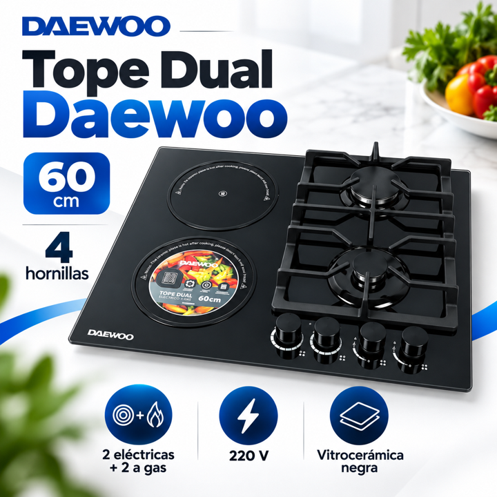 Tope Dual Daewoo 60cm 4 Hornillas Gas y Eléctrico 220V