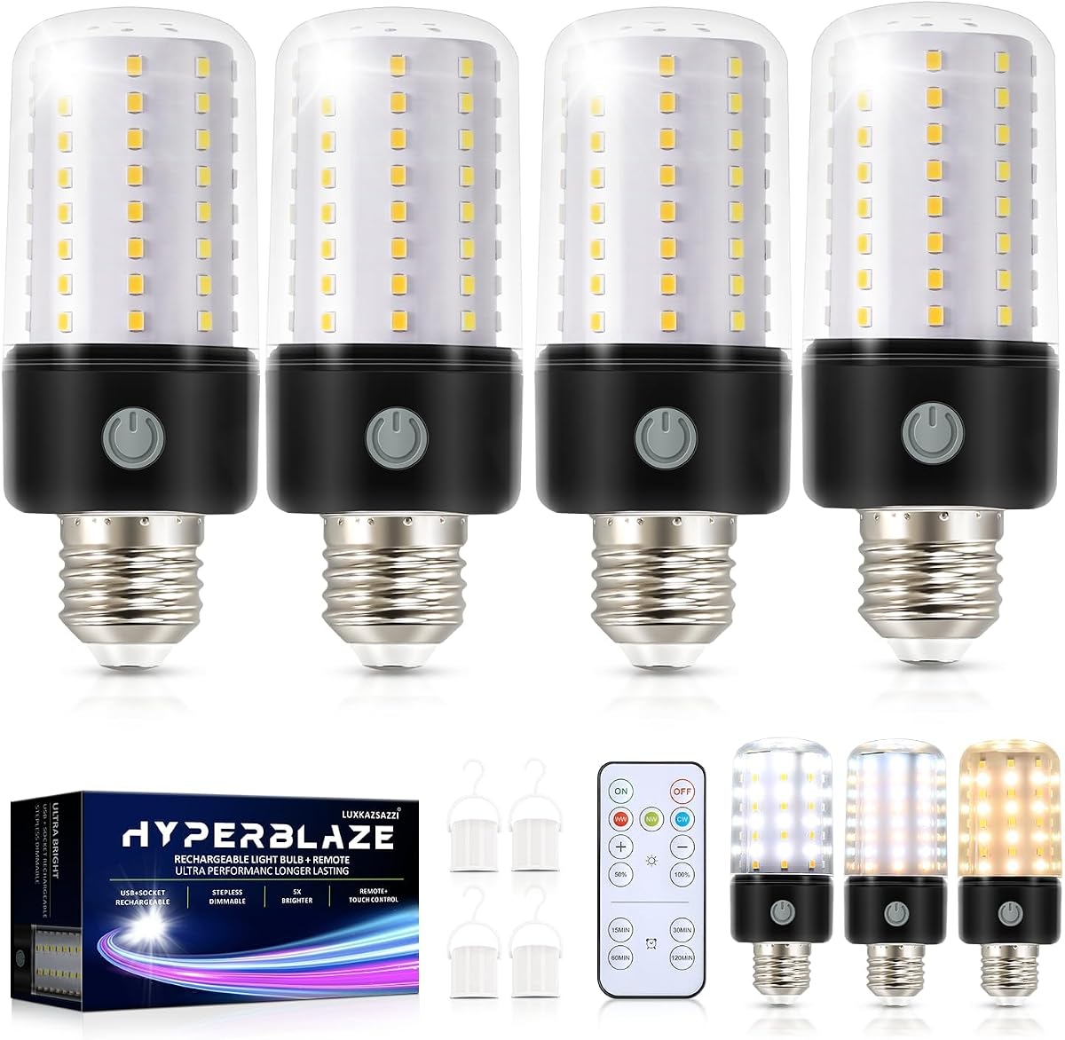 Bombilla operada por batería HYPERBLAZE con control remoto, 72 LED brillantes y de amplio espectro con 3 colores y bombillas recargables regulables para lámparas, carga USB + enchu
